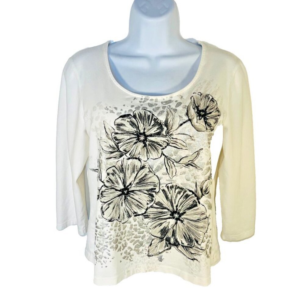 Ruby Rd. - Women's M Petite Knit Top Beaded Black Floral 3/4 Sleeve  Scoop Neck